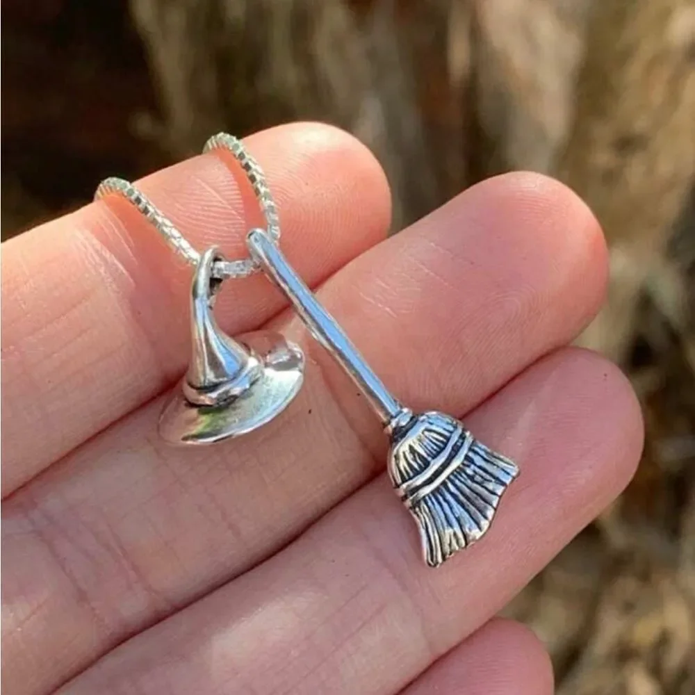Goth Necklace Witch’s Broom & Hat, Silver Color, Engraved Design Layering Piece
